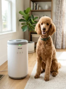 Poodle inside a clean home demonstrating low-shedding dog care.