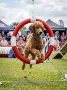 Poodle competing in an agility course.