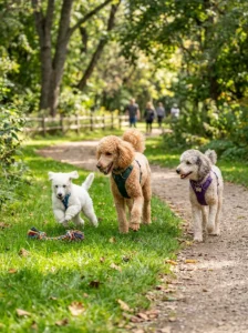 Poodles of different ages enjoying exercise.