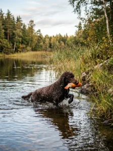 Standard Poodle demonstrating its water retriever heritage.