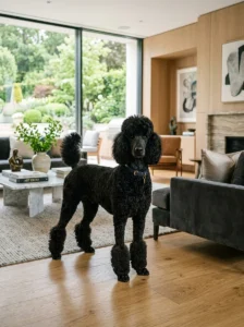 Standard Poodle with its signature curly low-shedding coat.