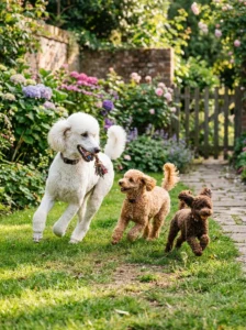 Three Poodle sizes interacting together outdoors.