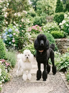Standard and Miniature Poodles outdoors.