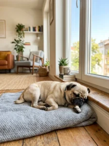 Pug enjoying a quiet apartment lifestyle.
