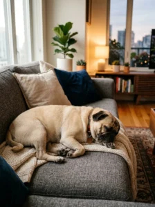 Pug relaxing on a comfortable sofa.