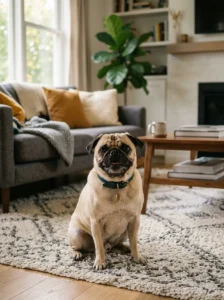 Friendly Pug inside a modern home.
