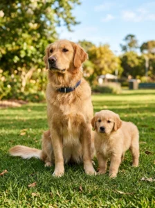 Purebred puppy and adult dog comparison.