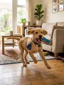 Energetic Labrador Retriever puppy playing indoors.