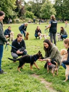 German Shepherd puppy learning socialization with people and dogs.