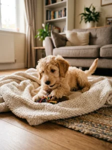 Small breed puppy playing indoors.