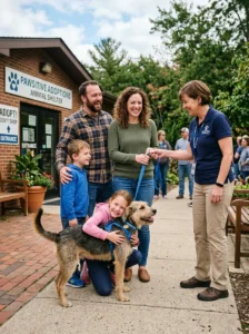 Family fostering a rescue dog before adoption.