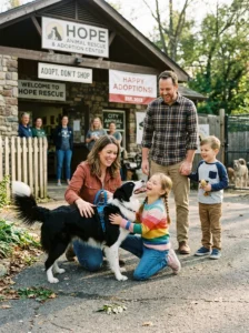 Rescued Border Collie meeting its new family.