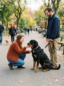 Well-socialized Rottweiler greeting a new person calmly.