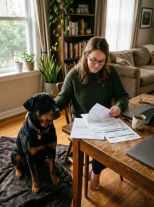 Owner reviewing legal documents for a Rottweiler.