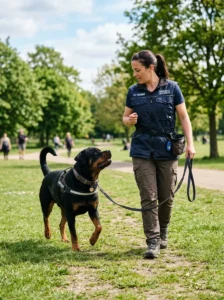 Adult Rottweiler continuing obedience training.