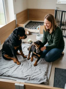 Healthy Rottweiler puppy with its mother.