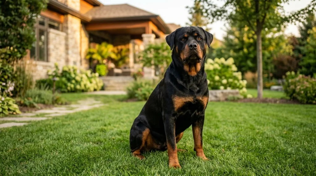 Well-socialized Rottweiler sitting calmly in a family backyard.