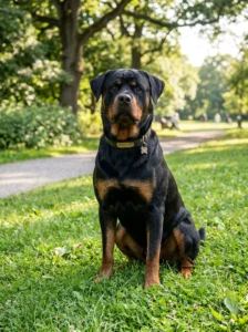 Confident Rottweiler showing a calm temperament.