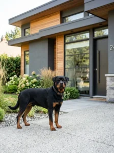Rottweiler standing guard outside a home.