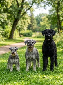 Miniature, Standard, and Giant Schnauzers outdoors.
