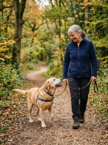 Senior active dog enjoying a gentle walk.