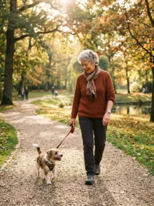 Senior owner walking with a small dog.