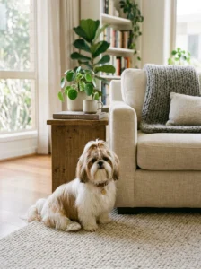 Shih Tzu sitting inside a cozy apartment.