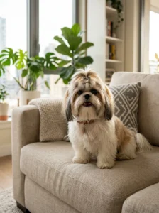 Shih Tzu relaxing inside a modern apartment.