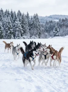 Group of Siberian Huskies enjoying pack play.