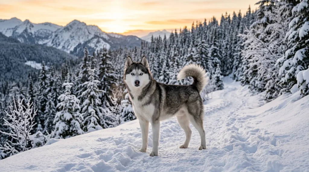 Beautiful Siberian Husky standing on a snowy mountain trail.