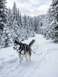 Siberian Husky running in snow.