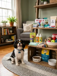 Everyday care supplies for a small dog.