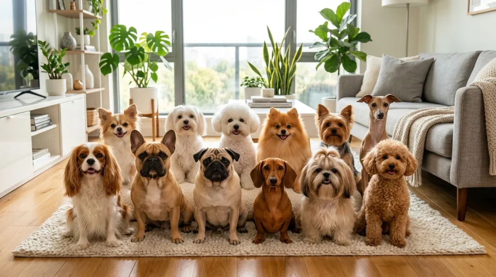 Popular small dog breeds sitting together inside a modern apartment.