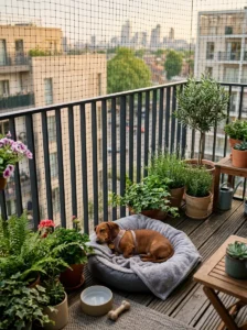 Small dog safely enjoying an apartment balcony.