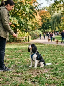 Small dog practicing obedience training.