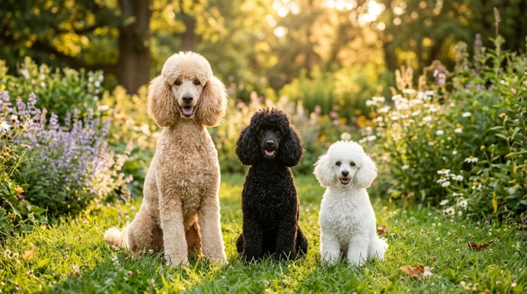 Standard, Miniature, and Toy Poodles sitting together in a park.