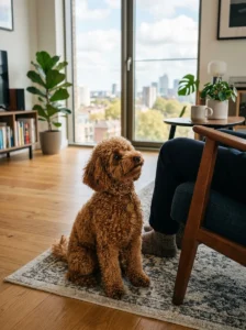 Toy Poodle sitting inside a stylish home.