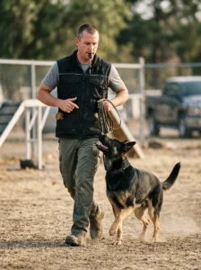 Professional trainer teaching a guard dog.