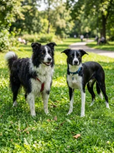 Smooth-coated and rough-coated Border Collies together outdoors.