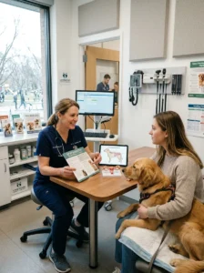 Veterinarian explaining spaying and neutering costs.