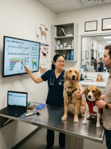 Veterinarian explaining dog genetics.