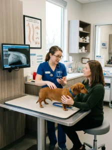 Veterinarian advising a Dachshund owner about spinal health.