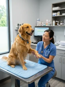 Veterinarian performing a routine health check on a Golden Retriever.