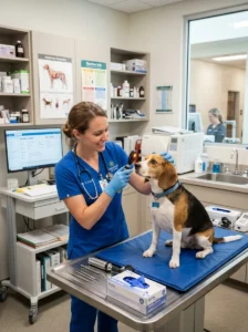 Veterinarian examining a healthy Beagle.