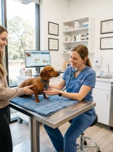 Veterinarian checking a Dachshund's health.