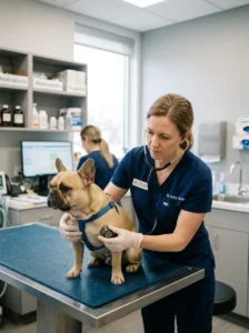 Veterinarian performing a health examination on a French Bulldog.