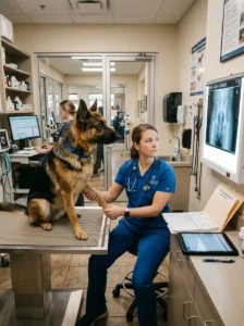 Veterinarian performing a routine examination on a German Shepherd.