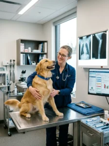 Veterinarian checking a dog's health during a routine examination.