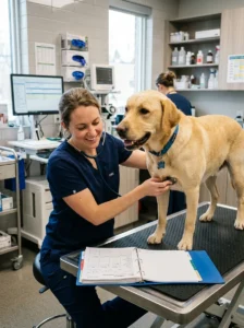 Veterinarian performing a health check on a Labrador Retriever.