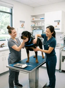 Veterinarian performing a health check on a Rottweiler.